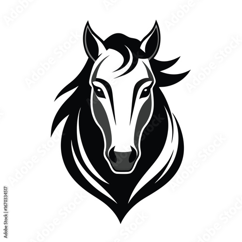 Vector art of striking black and white portrait of a powerful horse head with flowing mane