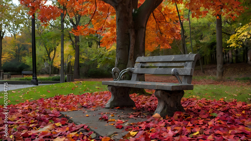 bench in the park, bench in autumn park, Rustic Stone Bench Amidst Autumn Leaves