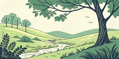 Illustration of a serene landscape with a winding river, rolling hills, trees, and birds in a peaceful setting