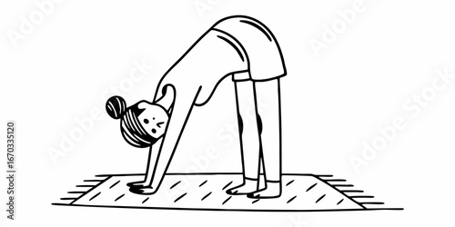 Woman in forward fold yoga pose on a mat with hair in a bun in a black and white line drawing style
