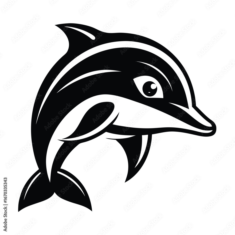 Obraz premium Vector art of a stylized black and white illustration of a dolphin leaping out of the water