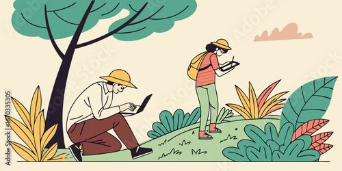 People exploring nature with technology under a tree on a sunny day with foliage and clouds
