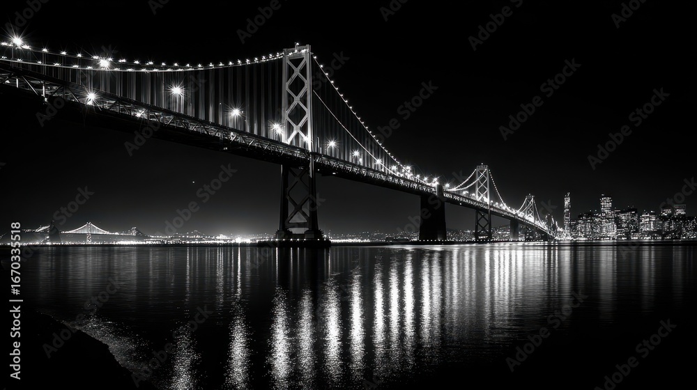 Fototapeta premium Black And White San Francisco. Night View of Bay Bridge Over Water in Frisco