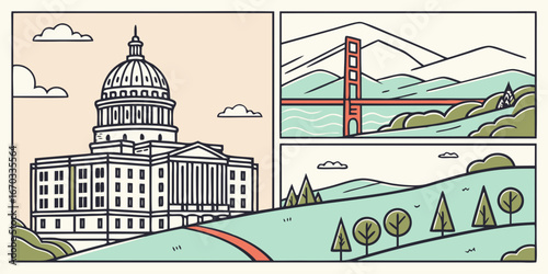 Illustration showcasing capitol building golden gate bridge and landscape in a comic book style
