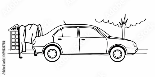 Line drawing of a car parked next to a building with clothes hanging and a tree in the background