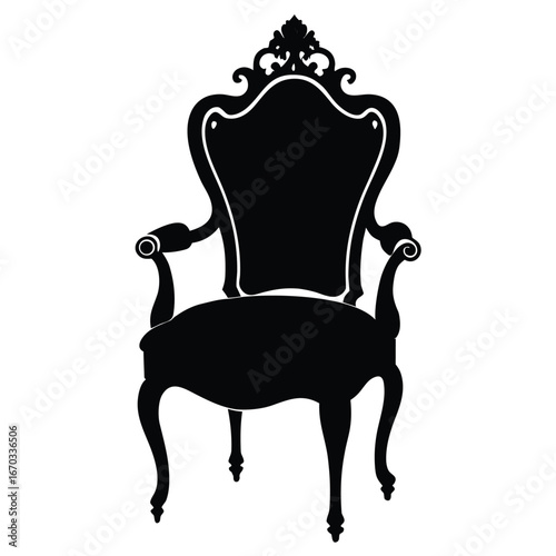 Vector art of a detailed black silhouette of an ornate armchair with carved details and a tufted back, isolated on a