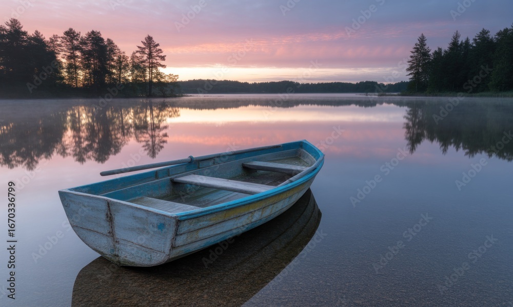 Obraz premium Tranquil lake sunrise with small boat
