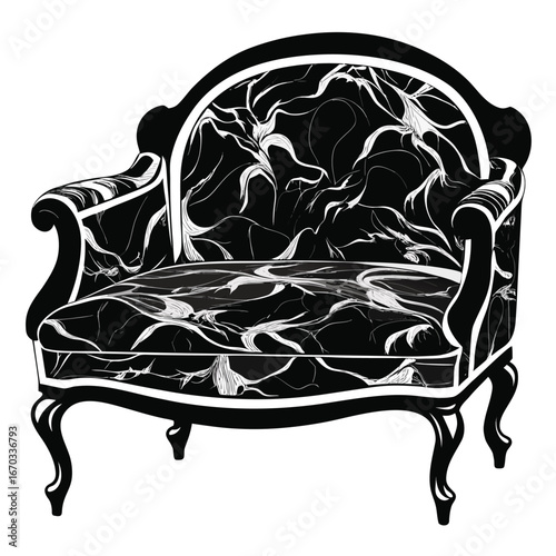 Vector art of a black armchair with a white marble pattern, featuring a curved back and ornate legs, isolated on a