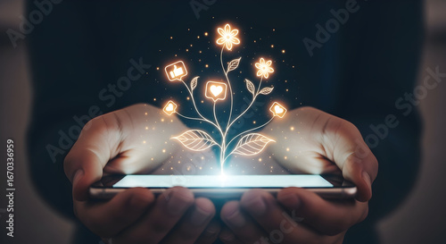 Pohon Media Sosial Bercahaya Tumbuh dari Layar Smartphone
