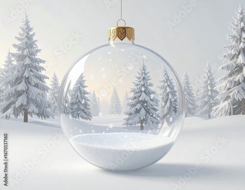 Elegant 3D render of a transparent glass Christmas ornament filled with delicate snowflakes, isolated on pure white background, minimal festive style.