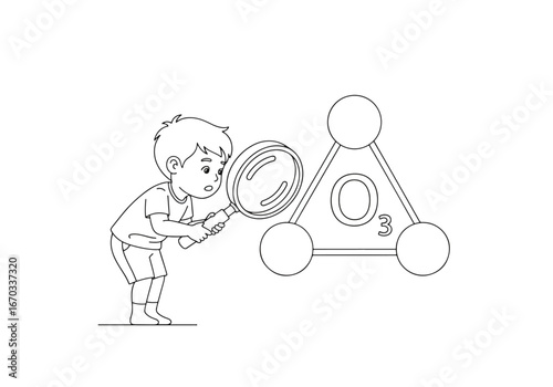 A young boy examines a molecular structure of ozone with a magnifying glass.