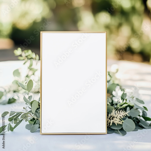 Elegant gold mock up picture frame standing on a table decorated with greenery and white flowers, ideal for wedding signage, event branding, or invitation mockups