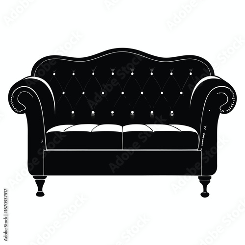 Vector art of classic black tufted sofa with ornate scrolled arms and carved wooden legs, isolated on a, representing vintage furniture design and elegant home decor