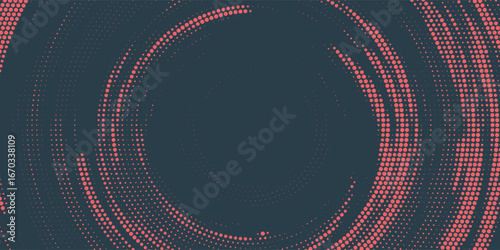 Circular Halftone Pattern Concentric Circles Frame Vector Red Black Colour Abstract Background. Mod Minimalist Art Half Tone Graphics Rippled Structure. Retro Futurism Technology Art Illustration