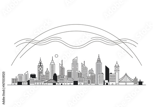 A clean line art illustration depicting a modern city skyline featuring diverse architectural structures and an iconic bridge under abstract wavy lines.