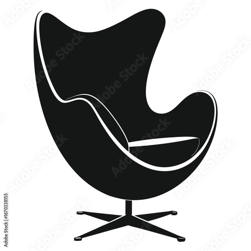 Vector art of iconic black egg chair with a swivel base, isolated on a, representing midcentury modern design and stylish contemporary furniture