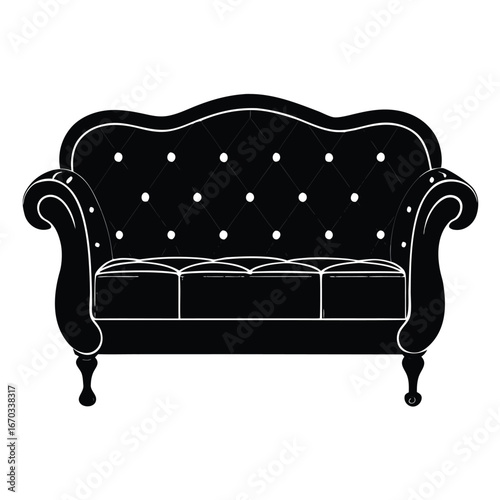 Vector art of elegant black silhouette of a tufted chesterfield sofa with ornate scrolled arms and carved legs, isolated on a, representing classic furniture design and luxurious interior decoration