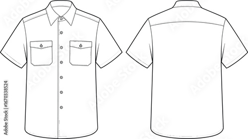 Technical flat fashion sketch of short sleeve casual shirt with collar, front button closure, two flap chest pockets, front and back view, clothing design.