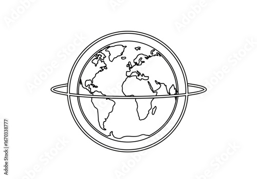 Simple line art drawing of the Earth globe showing continents, encircled by an orbital ring.