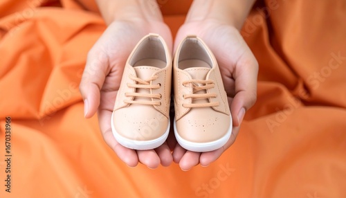 Tender hands gently hold a charming pair of infant shoes, representing the anticipation of a precious new arrival