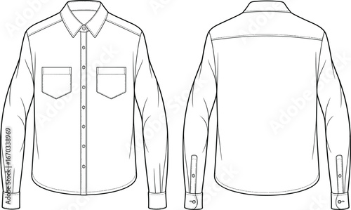 Technical flat fashion illustration of long sleeve casual shirt with button closure, two chest pockets, button cuffs, front and back view, clothing design template.