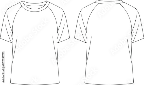 Technical fashion flat sketch of short sleeve raglan t-shirt, front and back view, casual wear, basic crew neck, clothing design template.