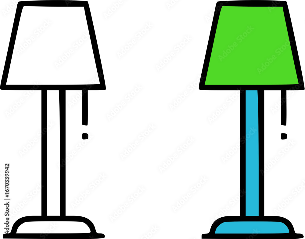Fototapeta premium Two stylized floor lamps, one white and one colored green and blue, presented side-by-side.