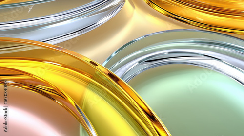 Abstract desktop wallpaper featuring intertwined liquid glass ring shapes in gold, silver, and green tones with smooth glossy reflections and flowing curves