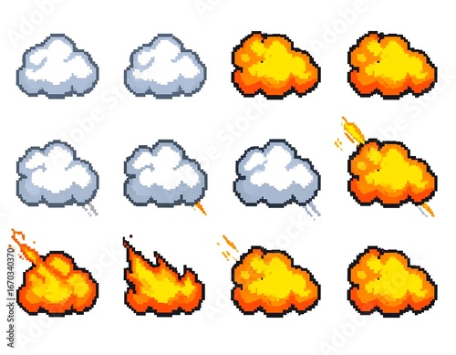 Pixel art animation of clouds and explosions
