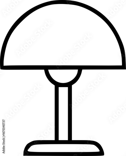 Simple line art illustration of a classic table lamp with a domed shade and a sturdy base.