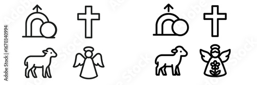 Symbols representing various religious and spiritual themes with icons of a cross, animals, and angels in a minimalistic black and white style