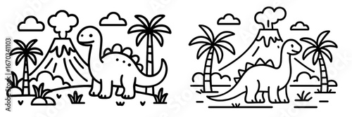 Dinosaurs exploring a volcanic landscape with palm trees during a sunny day in a playful illustration style
