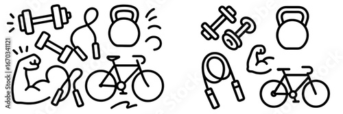 Fitness equipment arrangement featuring weights, a bicycle, and jump ropes in a minimalist style