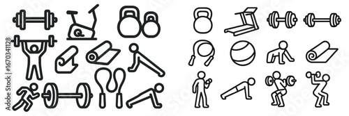Various fitness icons representing exercises, equipment, and activities in a gym setting focused on health and wellness