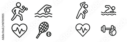 Fitness icons representing various sports and activities promoting health and exercise in a minimalist style for a wellness initiative