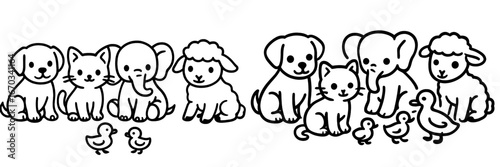 Cute cartoon animals gather in a playful setting, showcasing a variety of pets and wildlife in a charming illustration
