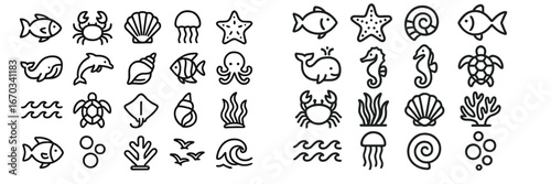 Creative marine life doodles fill the surface with various sea creatures and ocean-themed icons