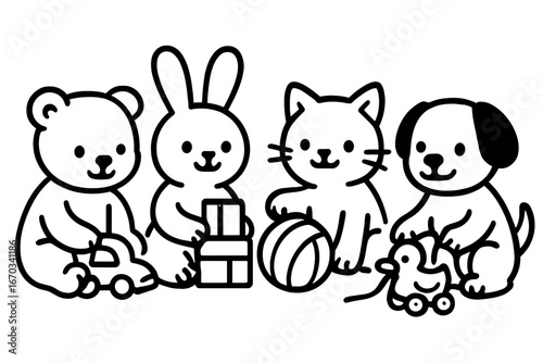 Cute animal friends playing with toys in a colorful setting during daytime