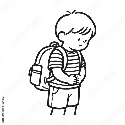 Bashful Young Child with Backpack and Striped Outfit silhouette vector Design. 
