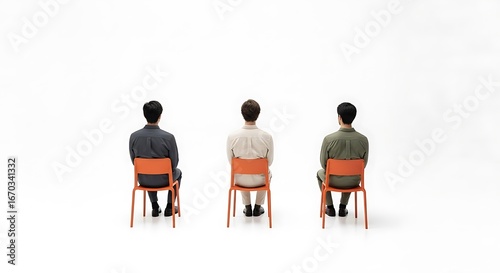 Three men sitting in orange chairs, back view