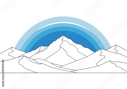Minimalist line art illustration of majestic mountain peaks with a stylized gradient blue sky arc.