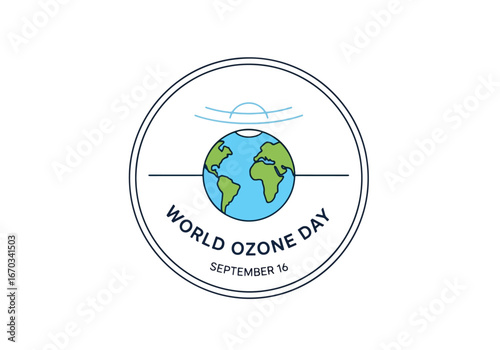 A minimalist illustration featuring the Earth globe and wavy lines representing the ozone layer, celebrating World Ozone Day on September 16.