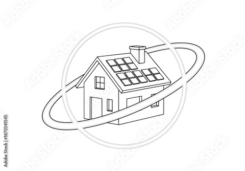 A line drawing of a house with solar panels on the roof, encircled by an orbital ring.