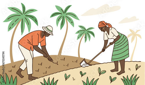 Cartoon people working on Indian farm flat vector illustration. Indian male and female farmers in paddy field tilling the ground surrounded by palms of village. India, farm, agriculture concept mini C