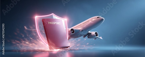 Travel Protection: A glowing shield safeguards a passport and airplane, a visual narrative of secure, hassle-free journey, symbolizing protection and safety.