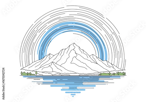A stylized line drawing of a mountain range reflected in water, with a circular radiating pattern above.