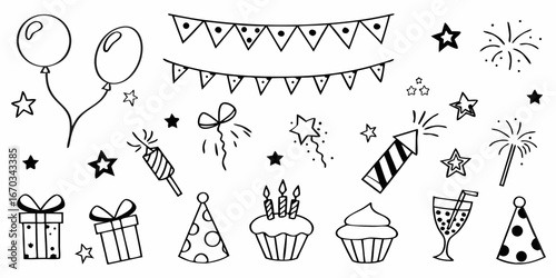Hand Drawn Birthday Celebration Icons Doodle Collection balloons bunting