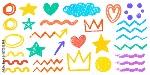 Vibrant Hand Drawn Doodle Elements Hearts Stars Crowns and Waves on White colorful
