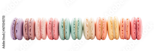 Colorful macarons arranged in row, showcasing variety of pastel shades and textures, creating delightful and appetizing display