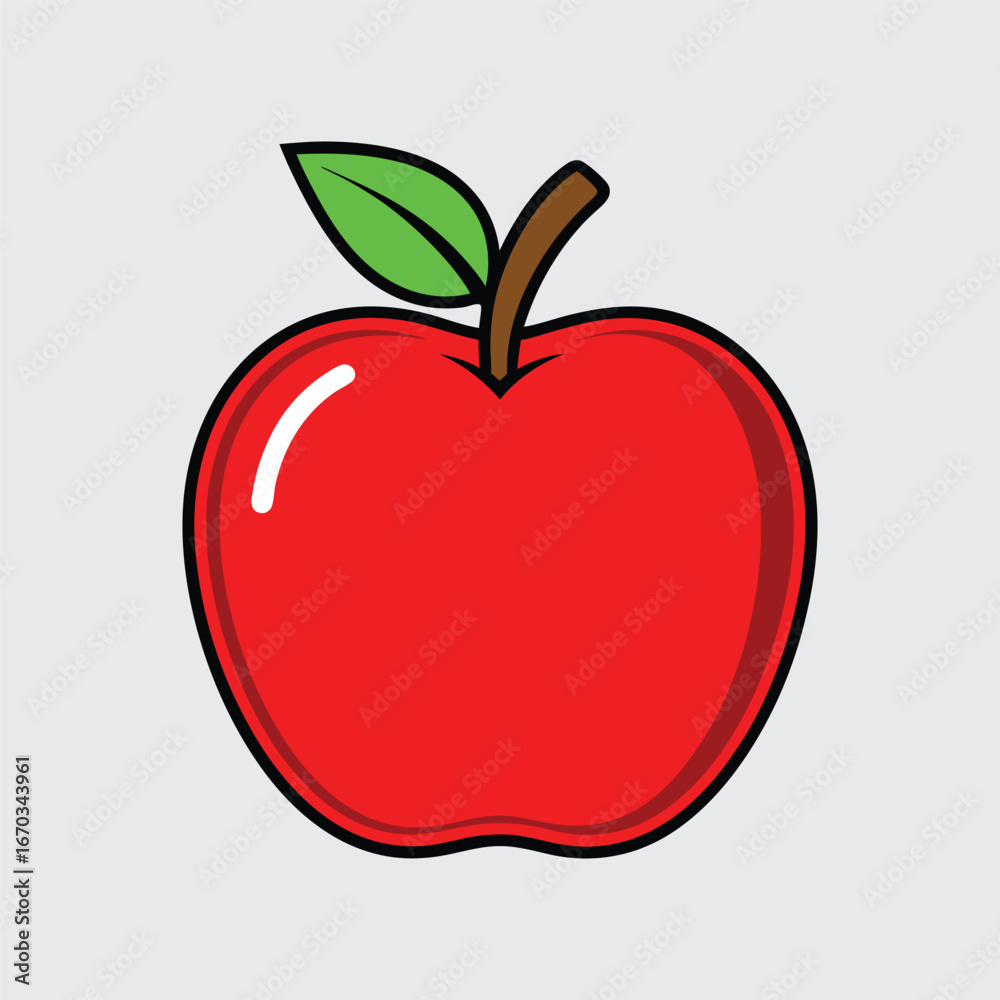 Fototapeta premium Red Apple Cartoon Illustration with Green Leaf on White Background